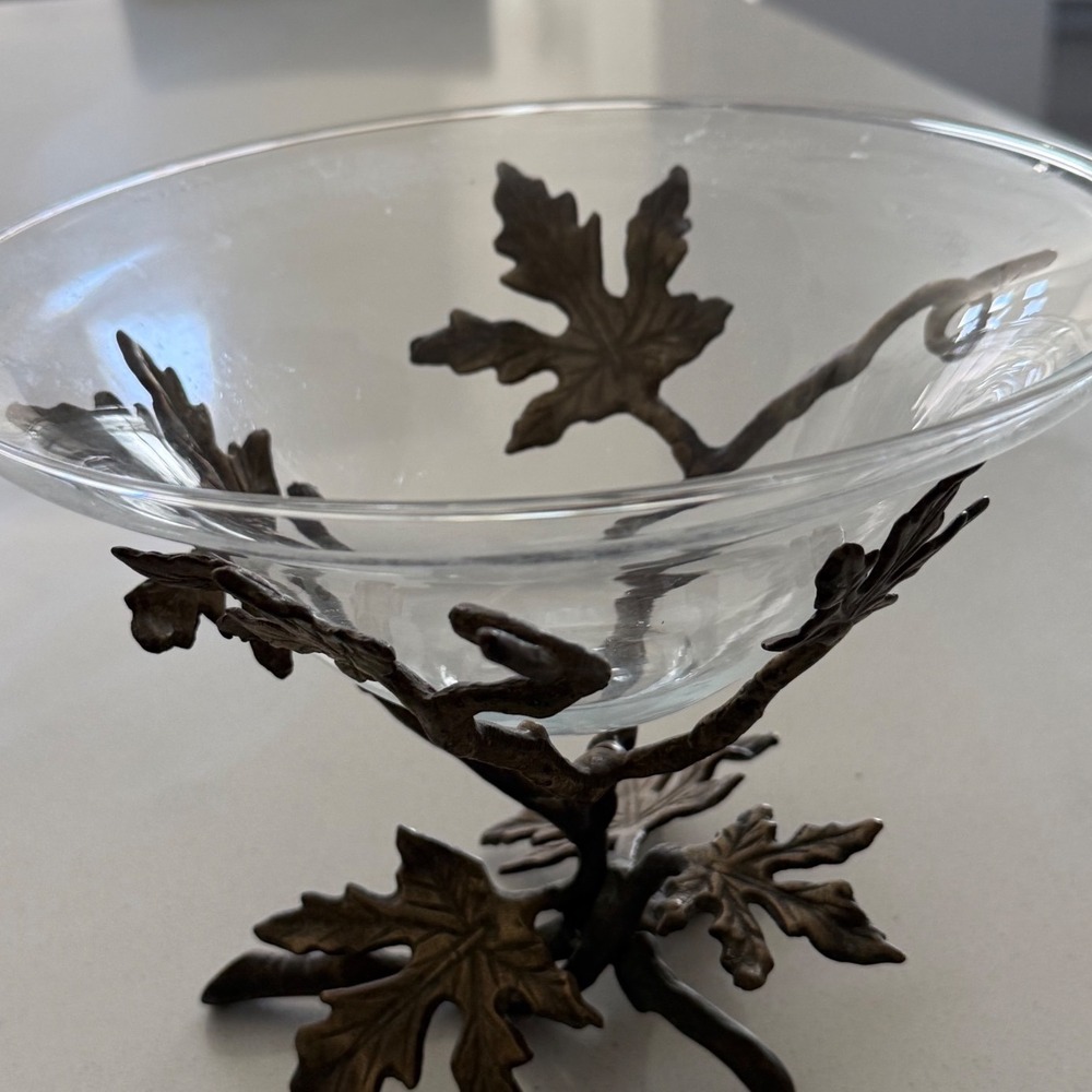 Vintage Maple Leaf Branch Bronze Tone Metal Base Clear Glass Centerpiece Bowl